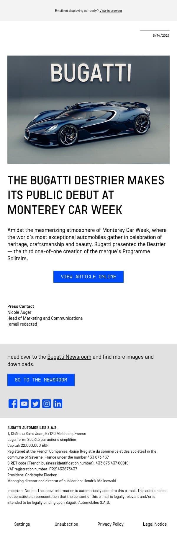 The Bugatti Destrier makes its public debut at Monterey Car Week email from Bugatti screenshot