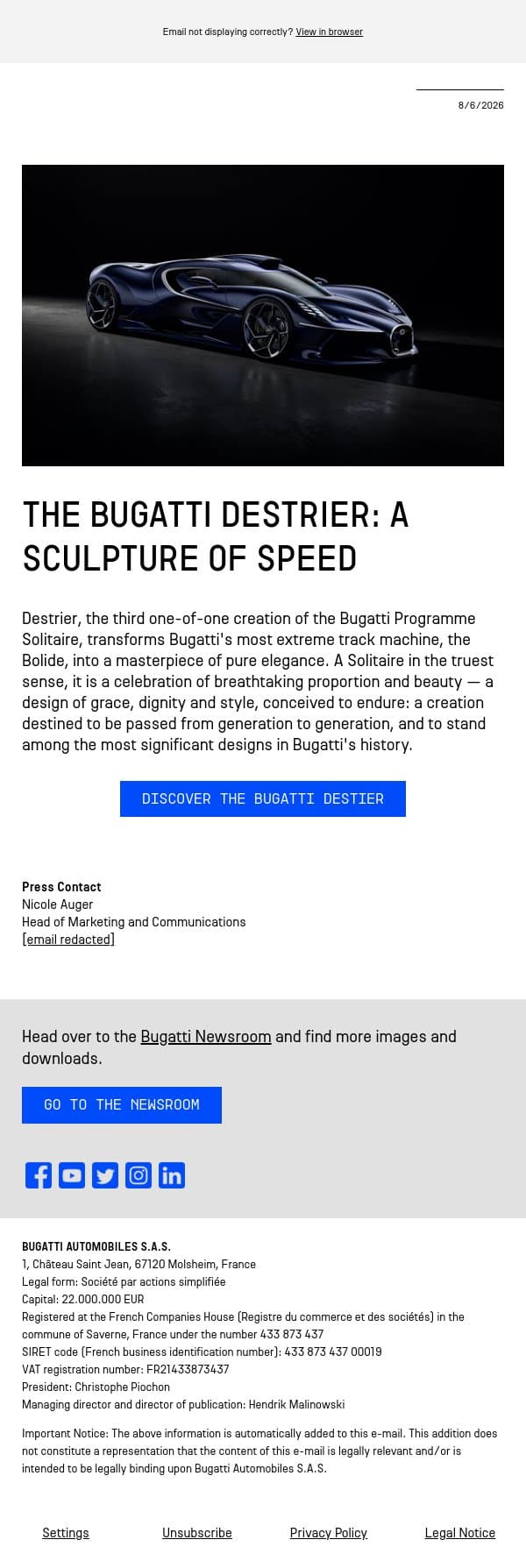 The Bugatti Destrier: A Sculpture of Speed email from Bugatti screenshot