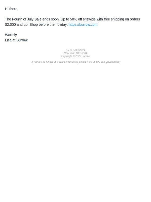 Celebrate with up to 50% off email from Burrow screenshot