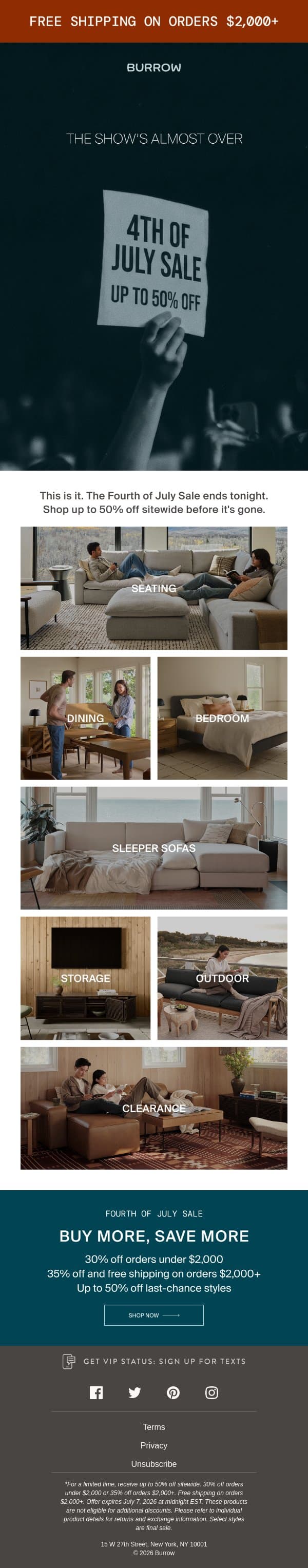Final hours. Up to 50% off ends tonight email from Burrow screenshot