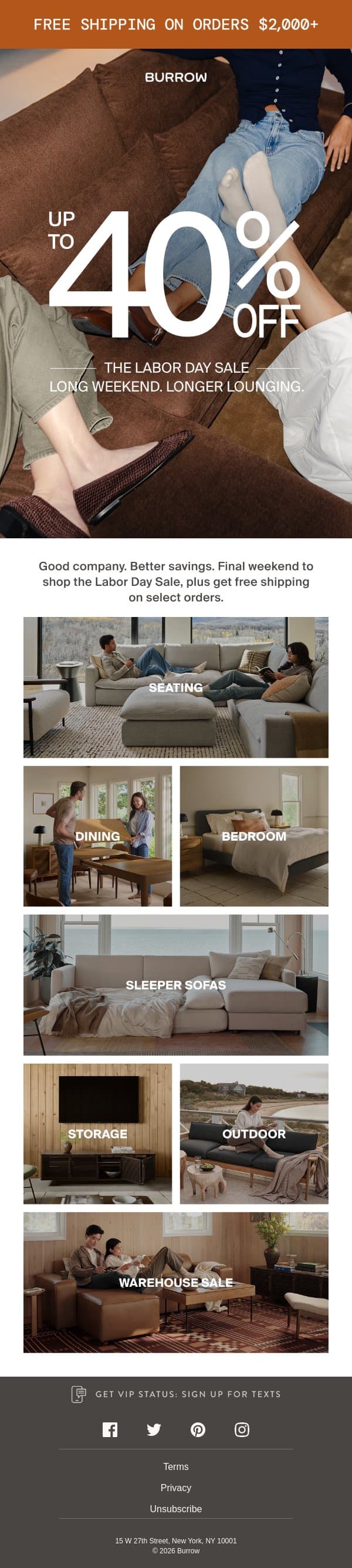 Up to 40% off AND free shipping email from Burrow screenshot