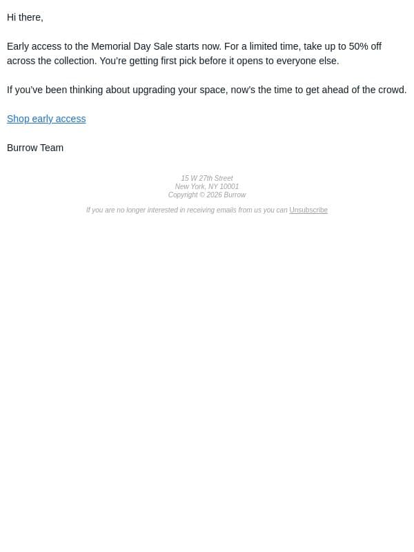 Up to 50% off starts now email from Burrow screenshot