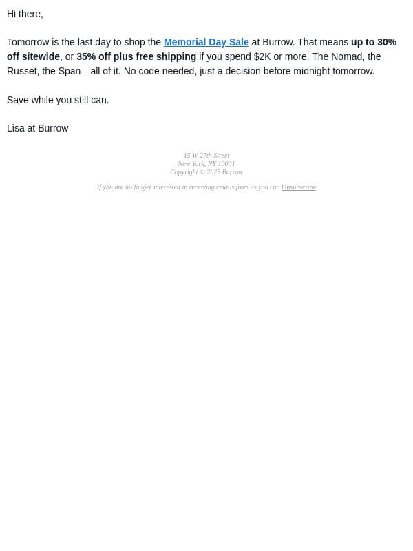 This is it (seriously) email from Burrow screenshot