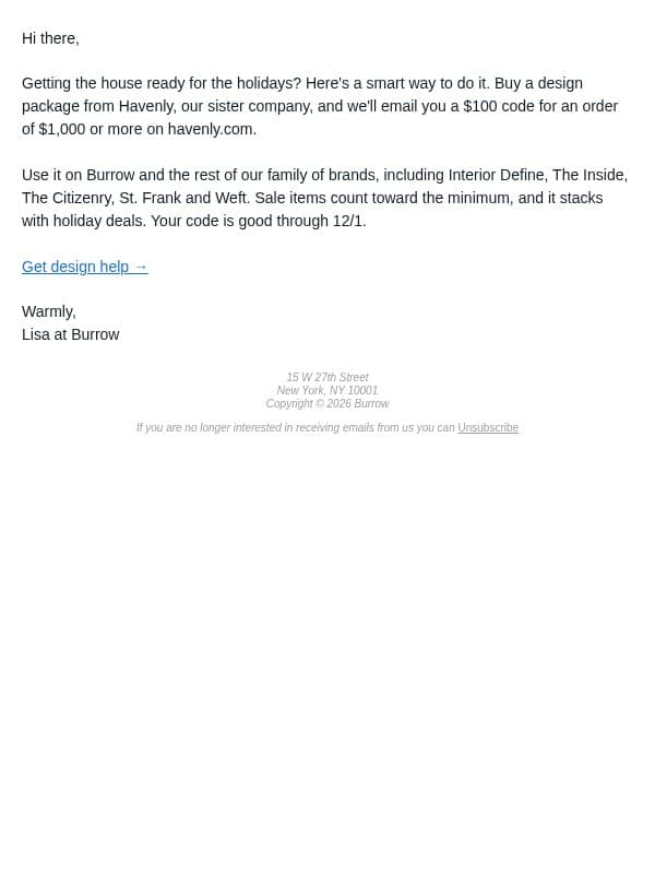 Design help that pays you back email from Burrow screenshot