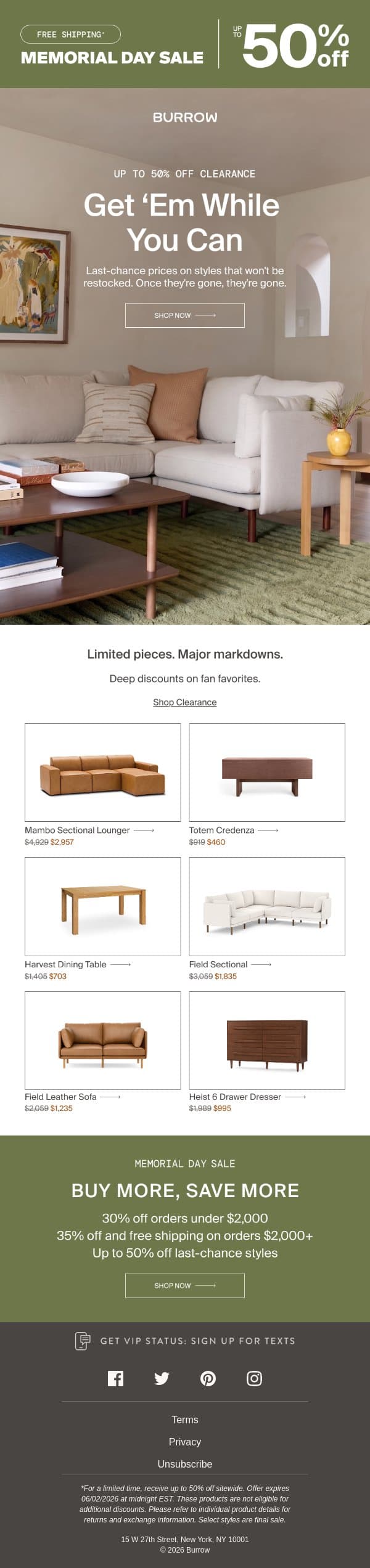 CLEARANCE: Up to 50% off email from Burrow screenshot
