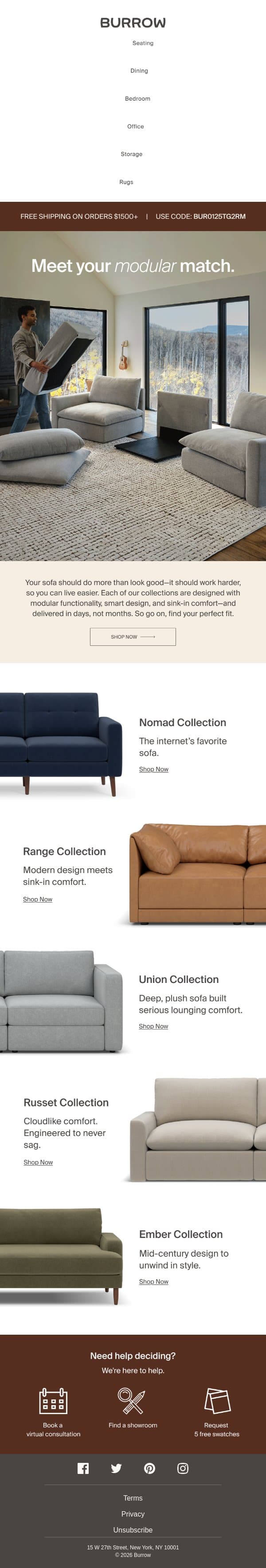 Find your perfect couch email from Burrow screenshot