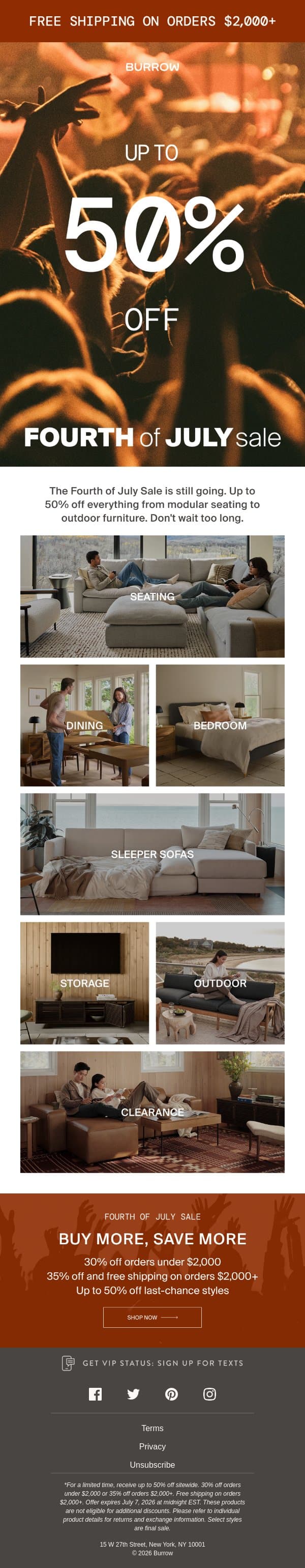 Up to 50% off sitewide. Don't wait too long. email from Burrow screenshot