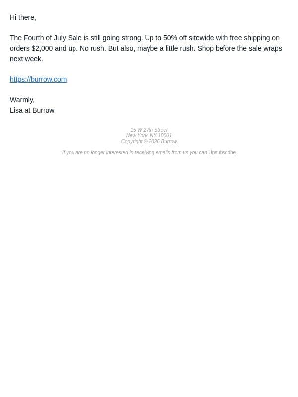 Still here. Still 50% off. email from Burrow screenshot
