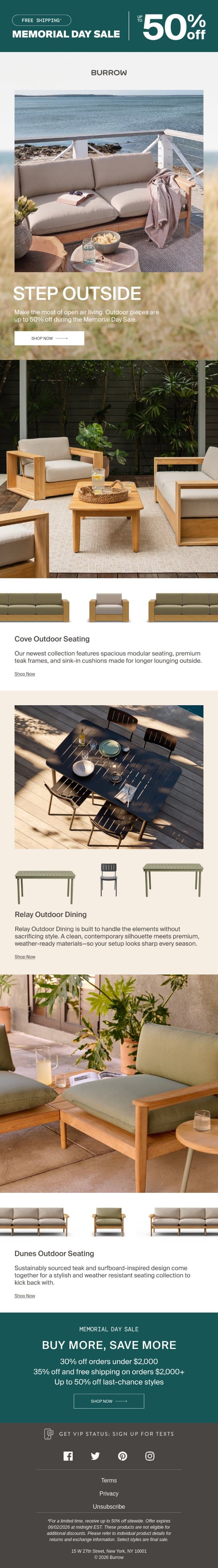 Up to 50% off. Take it outside email from Burrow screenshot