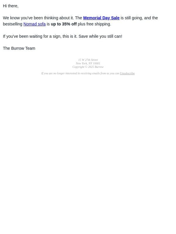 The Memorial Day Sale is still on email from Burrow screenshot