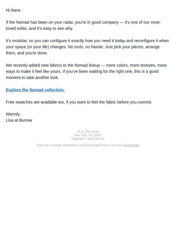 The sofa our customers keep coming back to email from Burrow screenshot