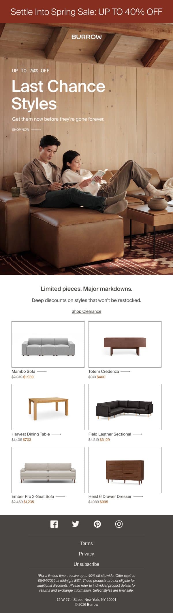 Your last chance at 70% off email from Burrow screenshot