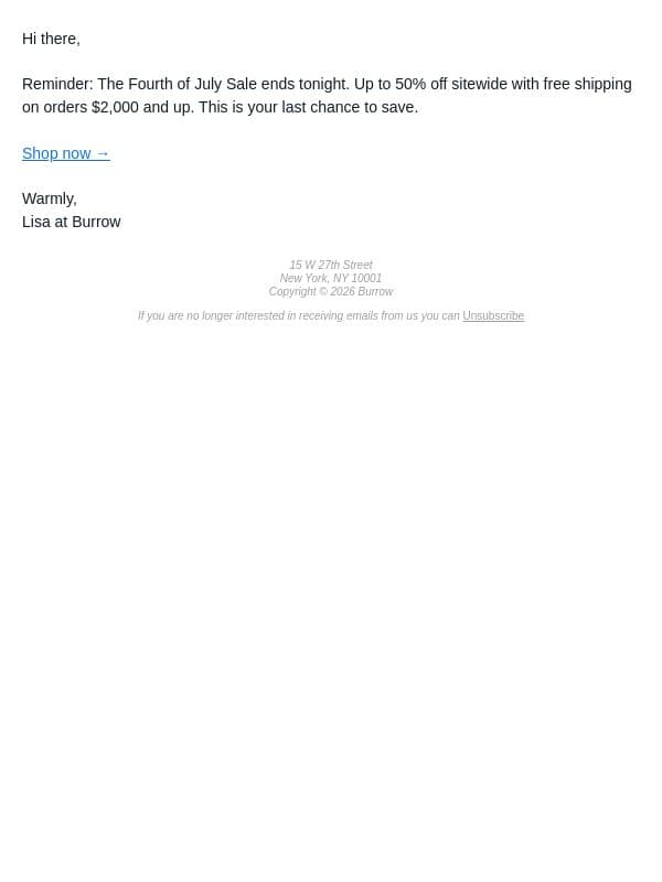 TODAY IS THE LAST DAY email from Burrow screenshot
