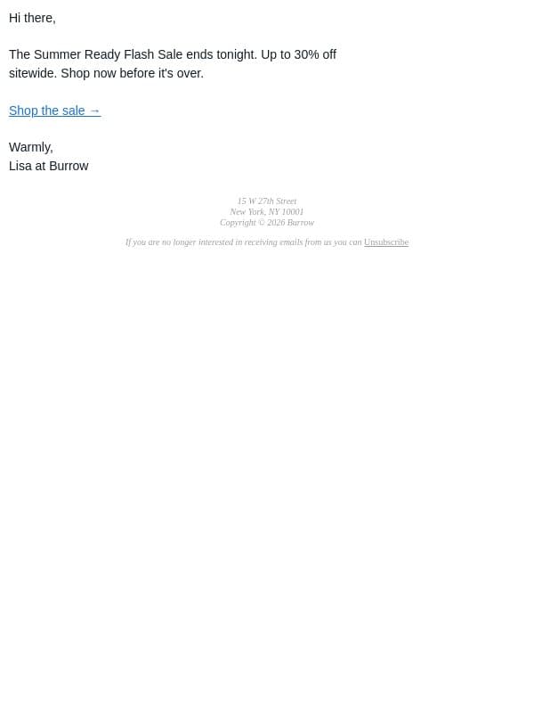 Last day. Up to 30% off ends tonight. email from Burrow screenshot