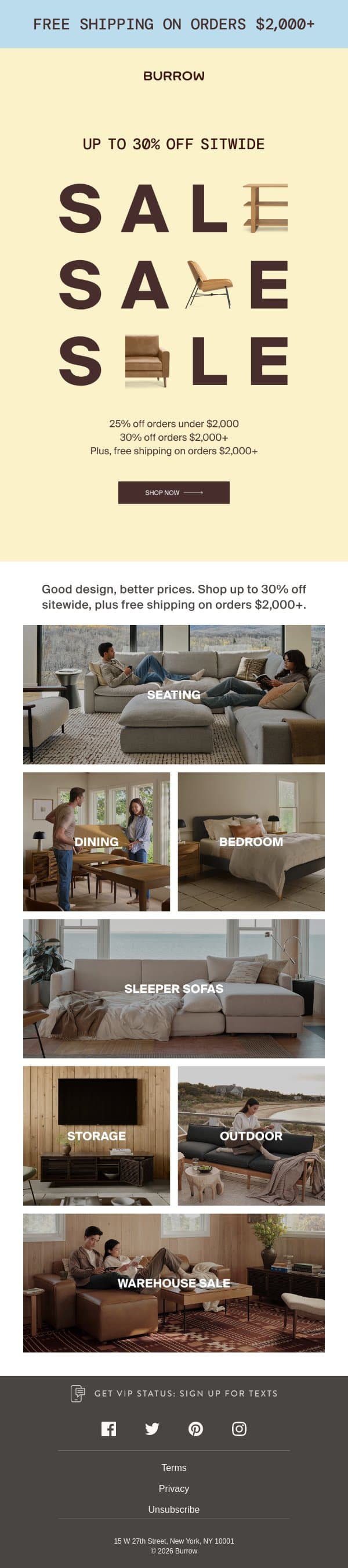 Up to 30% off is here email from Burrow screenshot