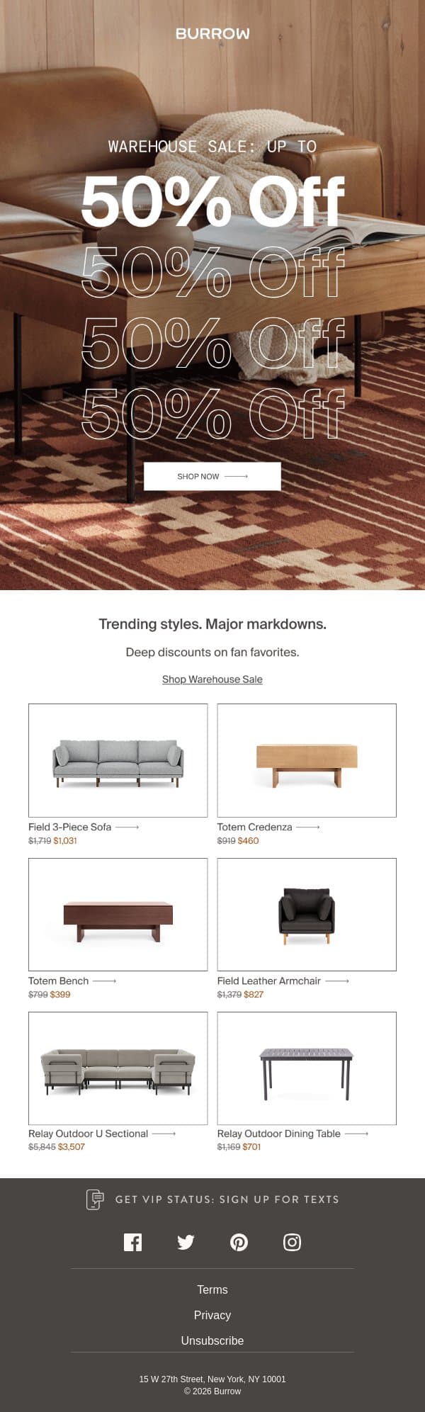 Warehouse sale styles won't last email from Burrow screenshot