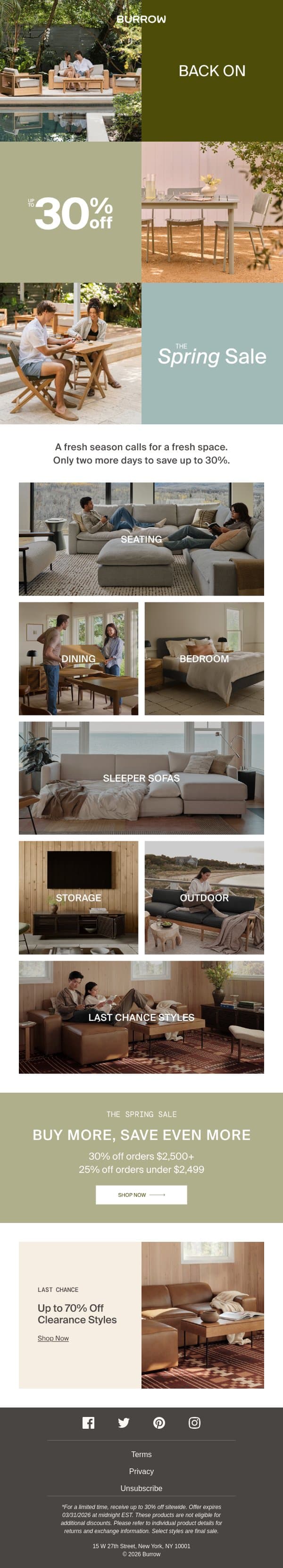 Up to 30% off sitewide. Extended. email from Burrow screenshot