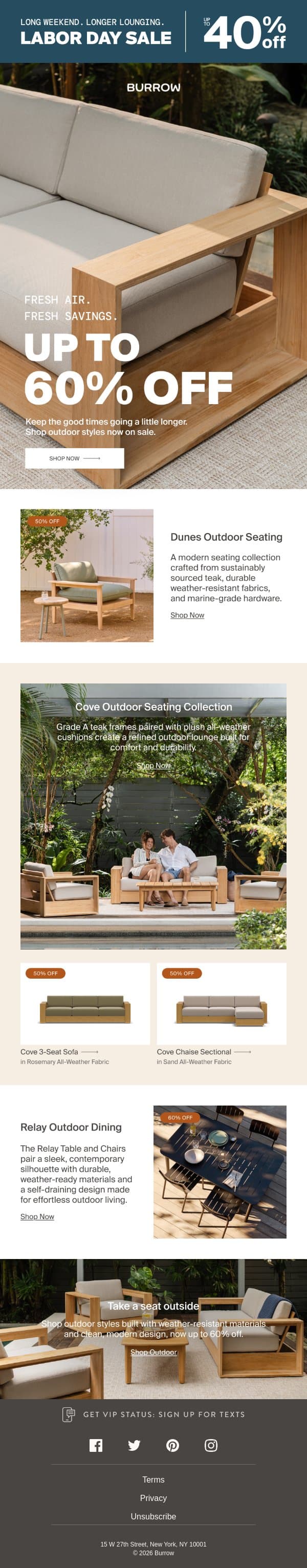 A reason to stay outside: up to 60% off email from Burrow screenshot