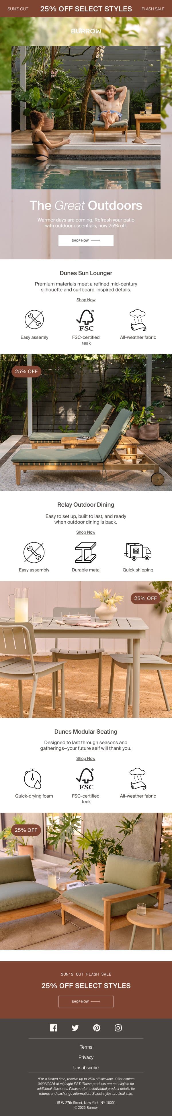 Your outdoor upgrade starts here email from Burrow screenshot