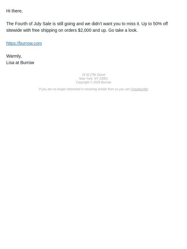 Just a reminder. Up to 50% off. email from Burrow screenshot