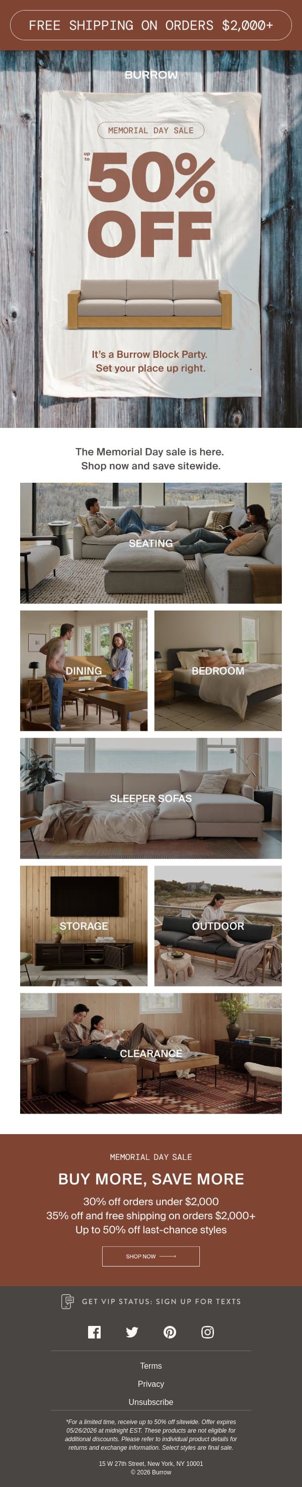 Your reason to party: Up to 50% off sitewide + free shipping email from Burrow screenshot