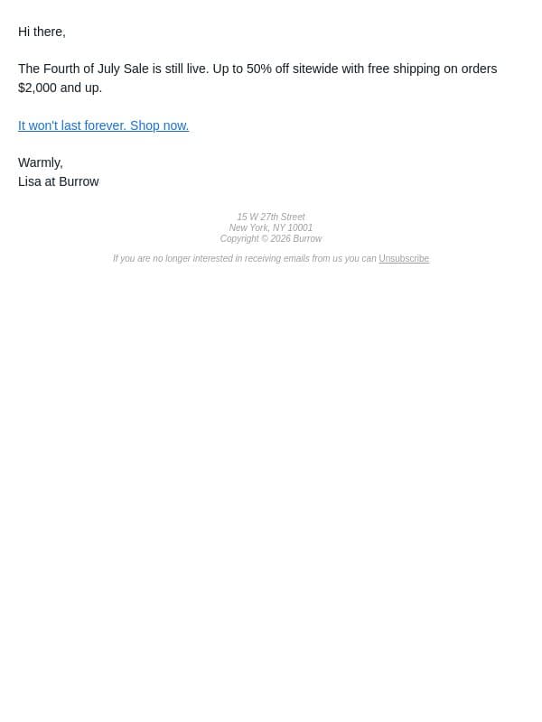 Still going. Up to 50% off. email from Burrow screenshot