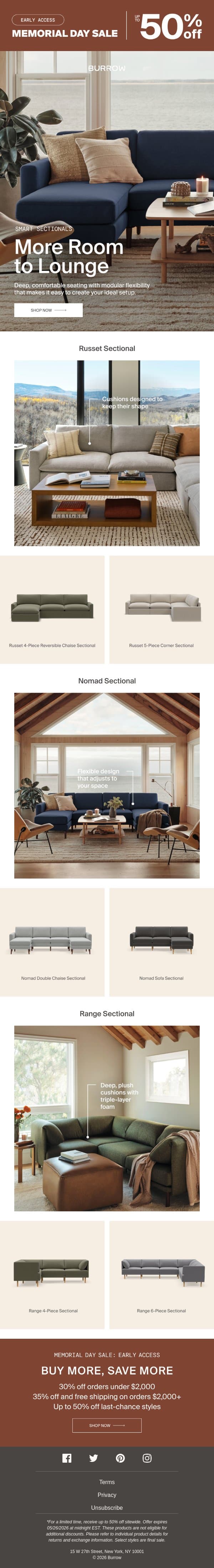 Early access: up to 50% off sectionals email from Burrow screenshot