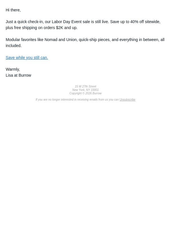 Shop up to 40% off sitewide email from Burrow screenshot
