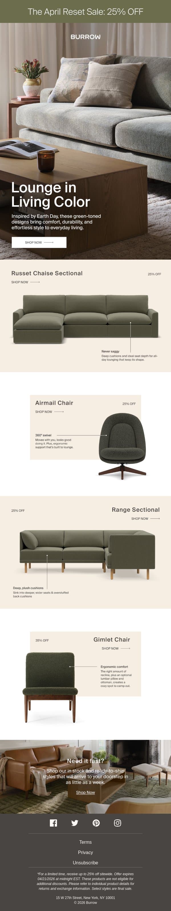 Go green and save 25% email from Burrow screenshot