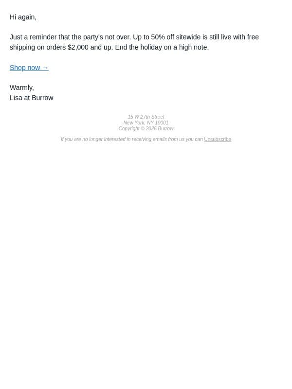 The sale is still going strong email from Burrow screenshot
