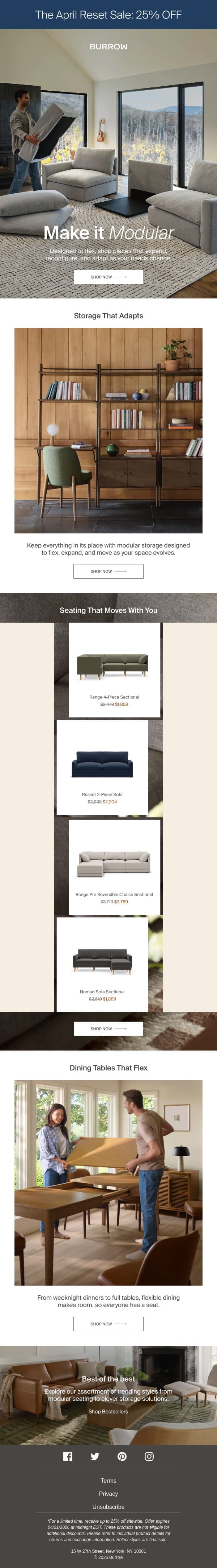 25% off furniture that flexes email from Burrow screenshot