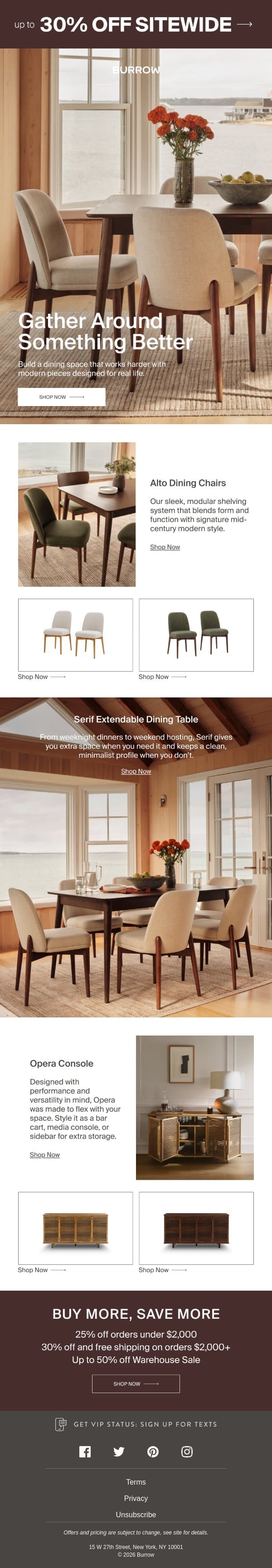 Your new dining setup is up to 30% off email from Burrow screenshot
