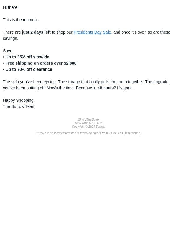 Final Stretch: 2 Days Left to Save email from Burrow screenshot
