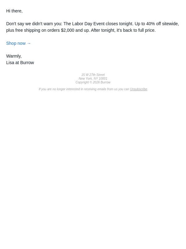 Final hours. This is really it. email from Burrow screenshot