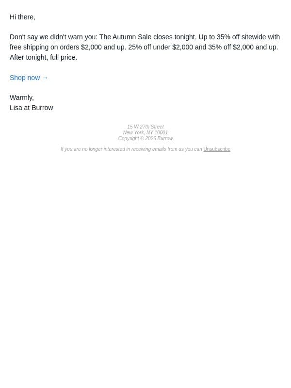 The Autumn Sale ends tonight email from Burrow screenshot