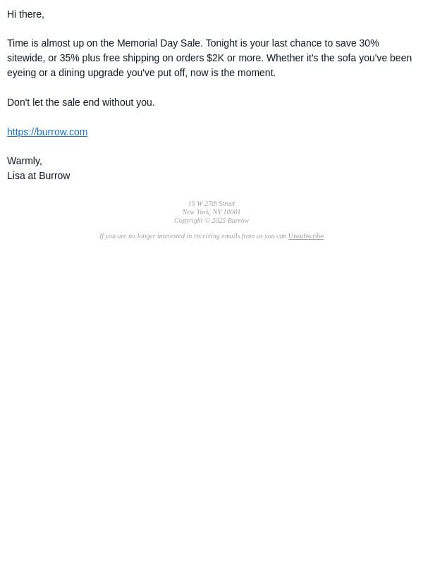 Hours, not days email from Burrow screenshot