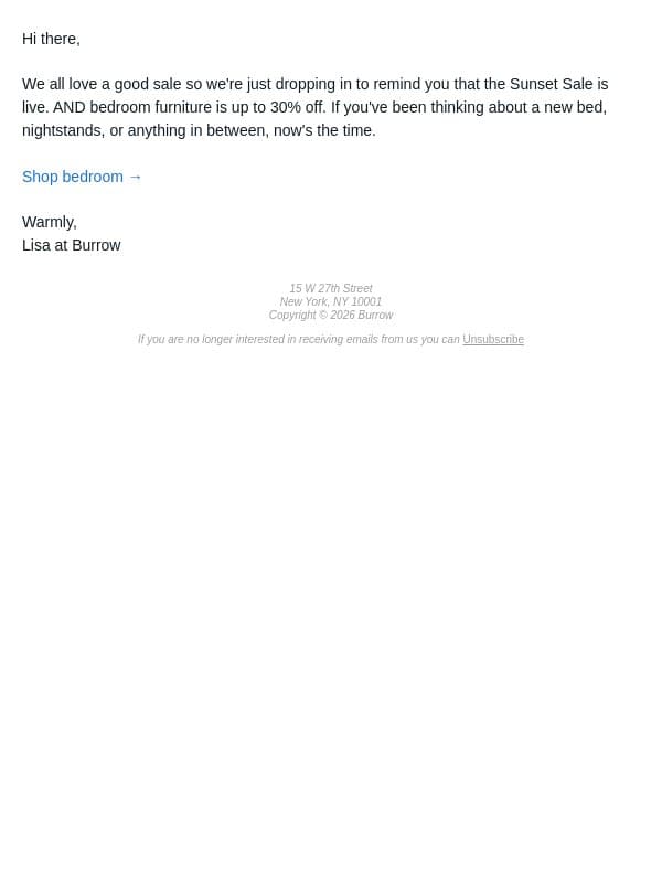 Reminder: bedroom furniture is on sale email from Burrow screenshot