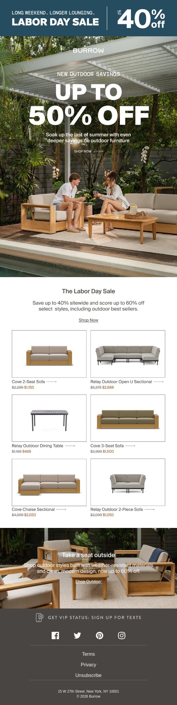 50% off all outdoor until Tuesday email from Burrow screenshot
