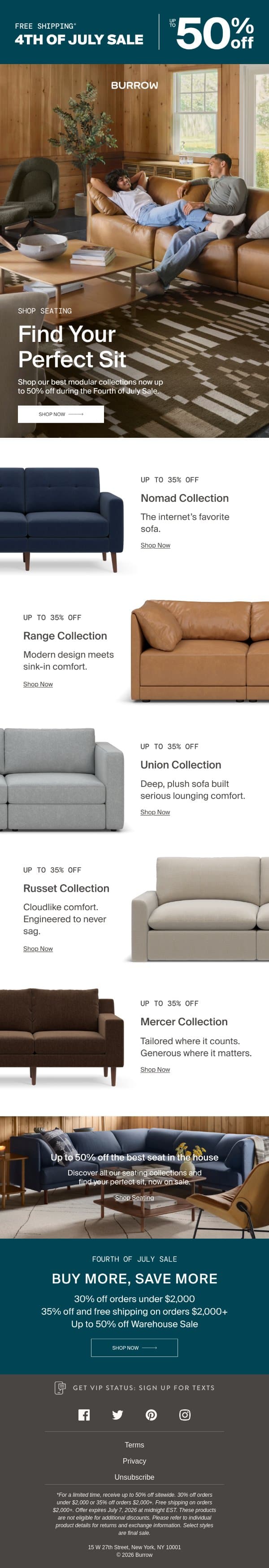 Up to 50% off seating right now email from Burrow screenshot