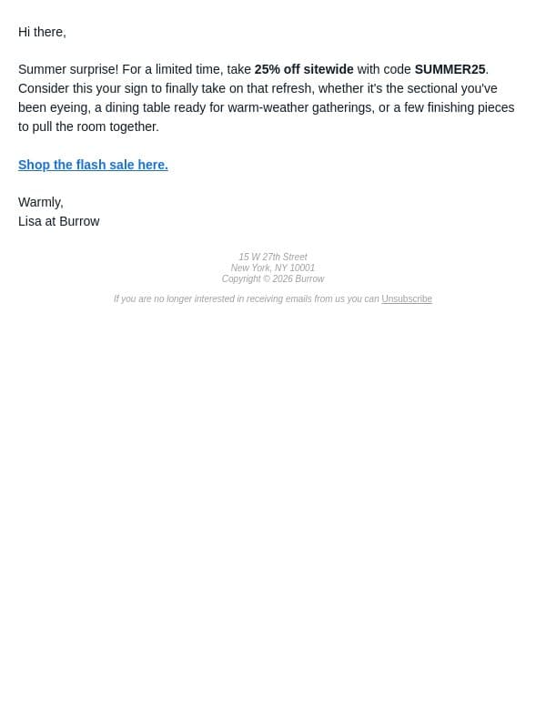 Your summer refresh just got 25% off email from Burrow screenshot