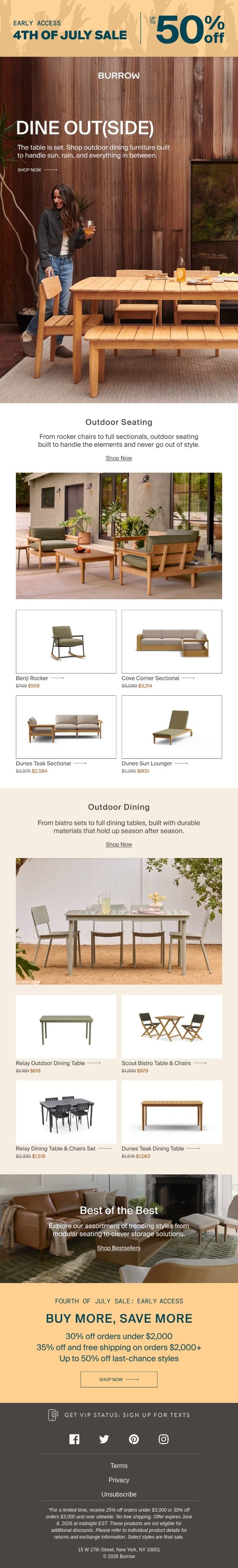 Dine outside and up to 50% off email from Burrow screenshot