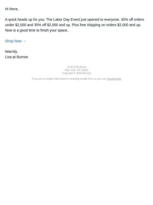 Early access is over. The sale is on. email from Burrow screenshot