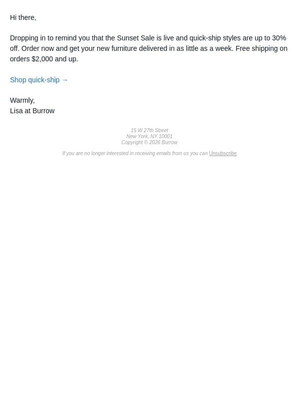 On sale and arriving fast email from Burrow screenshot
