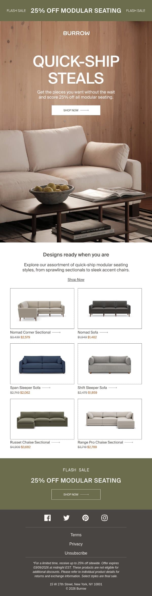 25% Off Modular Seating, No Waiting email from Burrow screenshot