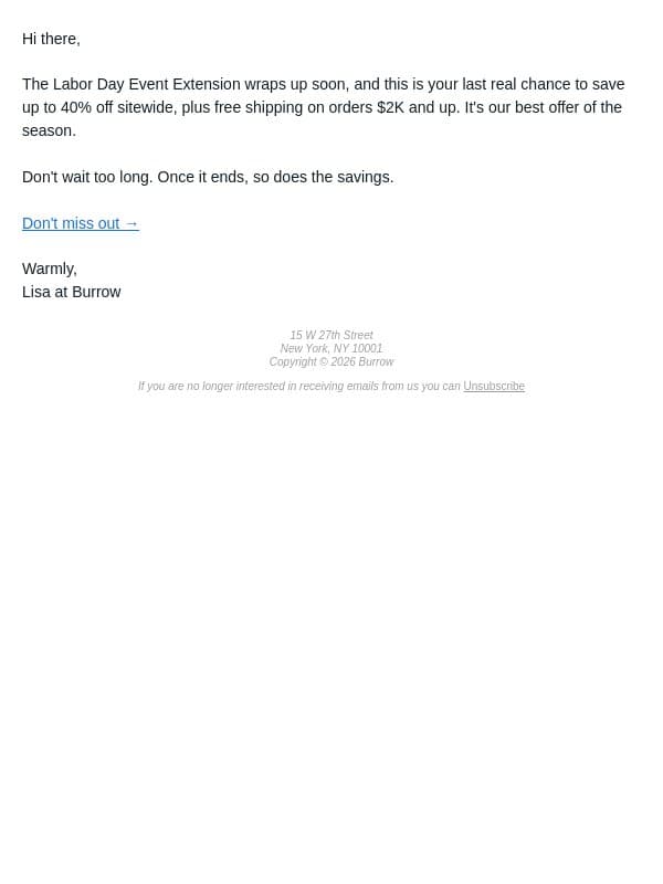 LAST CALL: sitewide savings email from Burrow screenshot