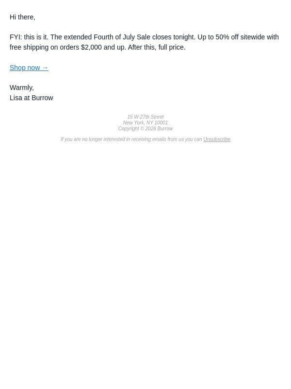 FINAL HOURS: the extended sale ends today email from Burrow screenshot