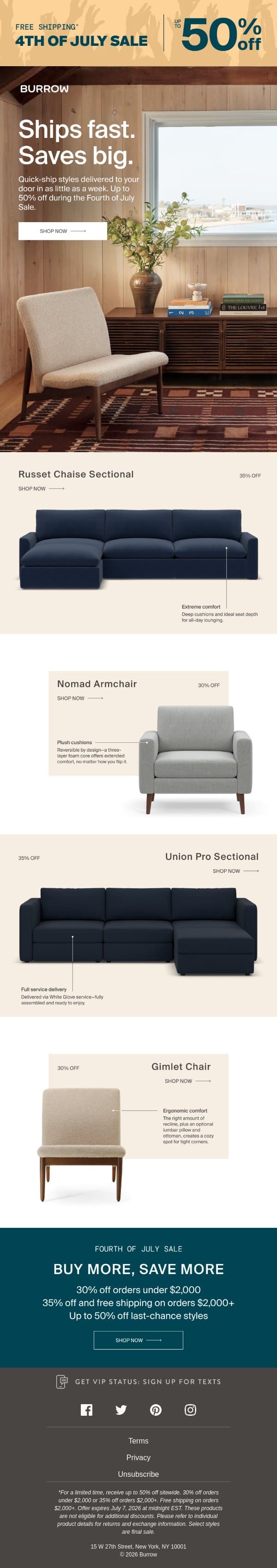 Shop now. Arrive fast. Save big. email from Burrow screenshot