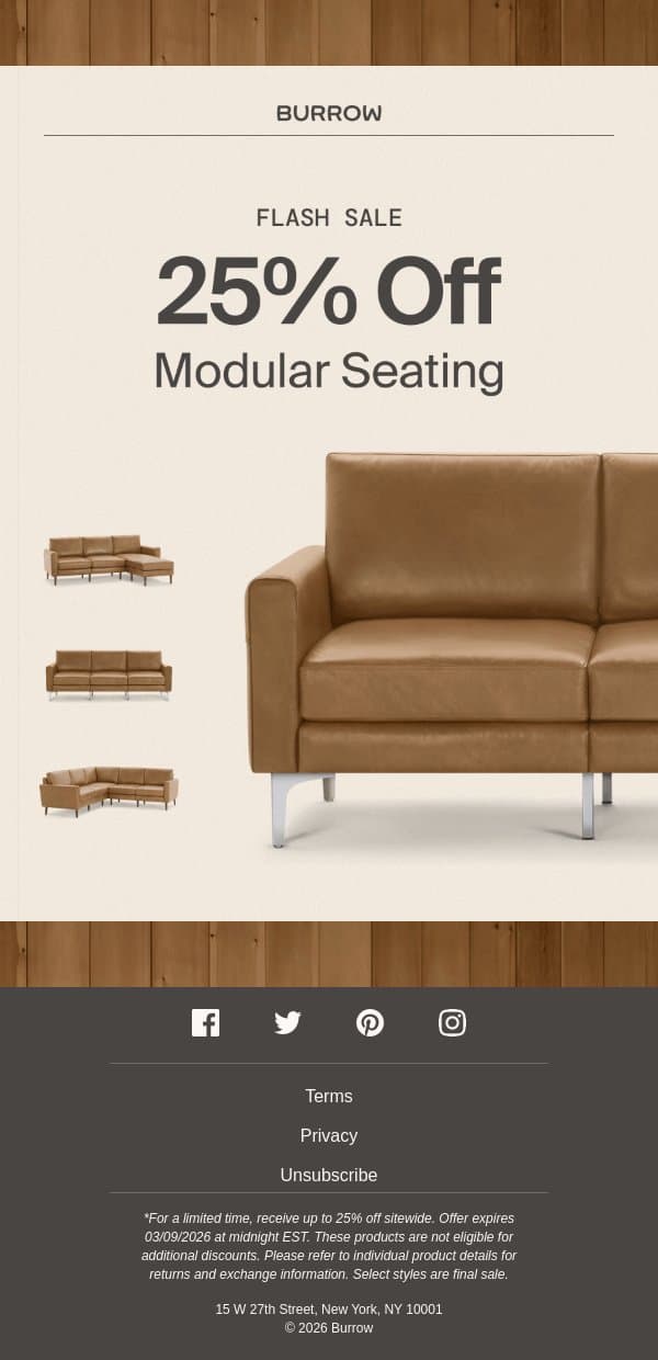 Flash Sale: 25% Off Modular Seating email from Burrow screenshot