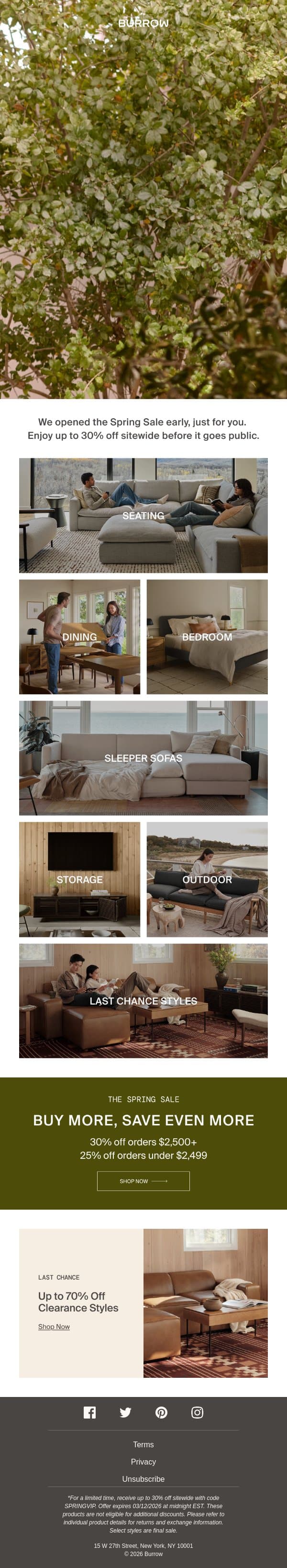 First Dibs Are Yours: Up to 30% Off Now email from Burrow screenshot