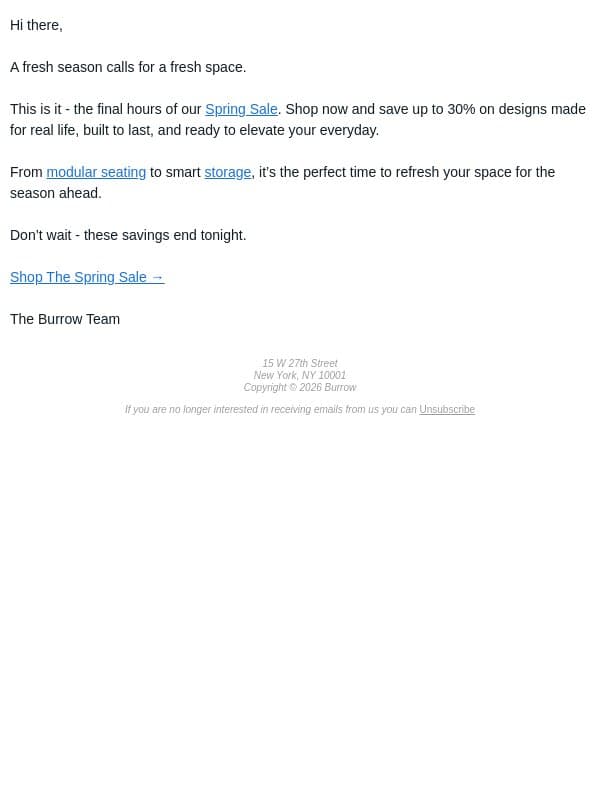 FINAL HOURS: Up to 30% off email from Burrow screenshot